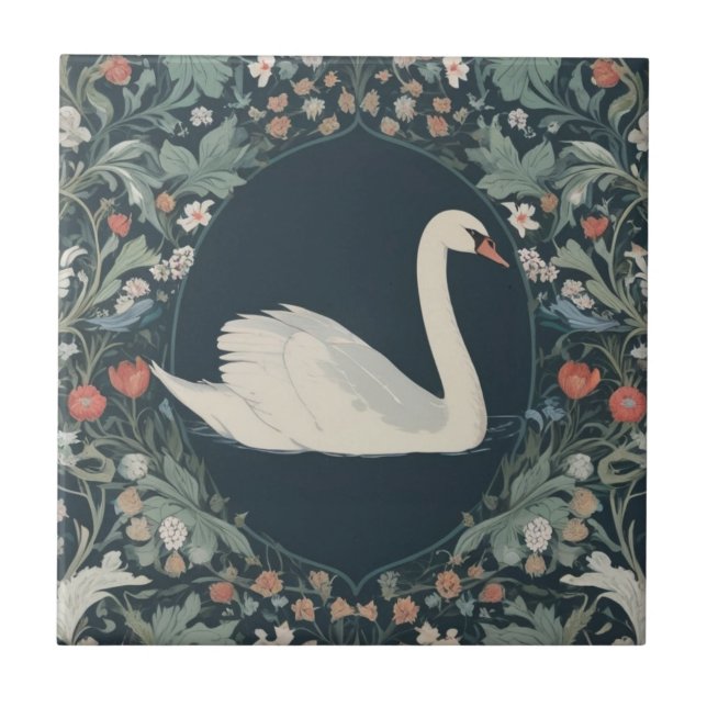 Svan William Morris stil Höger mot Blommigt Kakelplatta (Framsidan)
