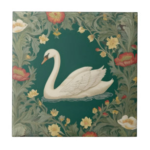 Svan William Morris stil Lämnat mot Teal Grönt Kakelplatta