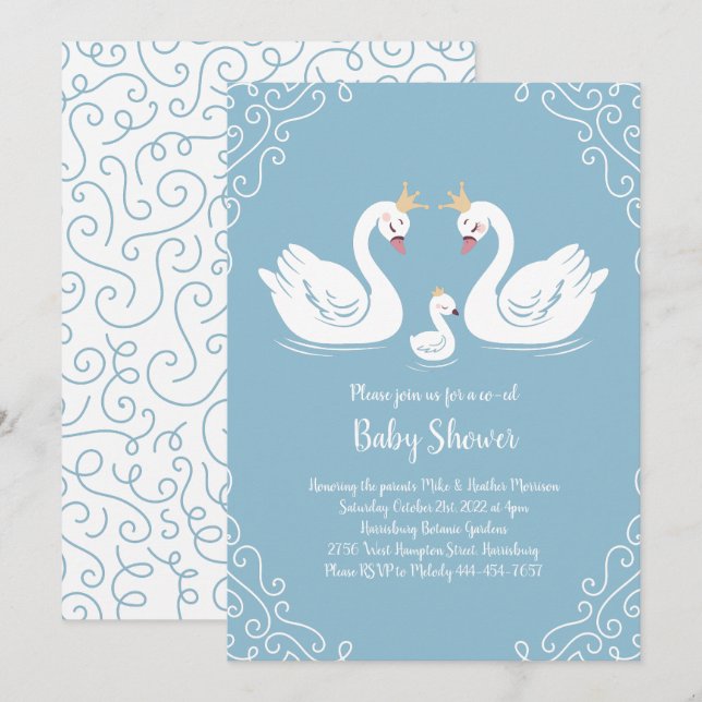 Svanar Baby Shower Bird med Krona Co-Ed Blue Inbjudningar (Fram/baksida)