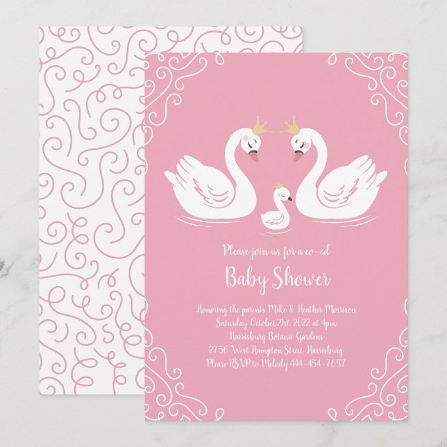 Svanar Baby Shower Bird med Krona Co-Ed Rosa Inbjudningar (Fram/baksida)