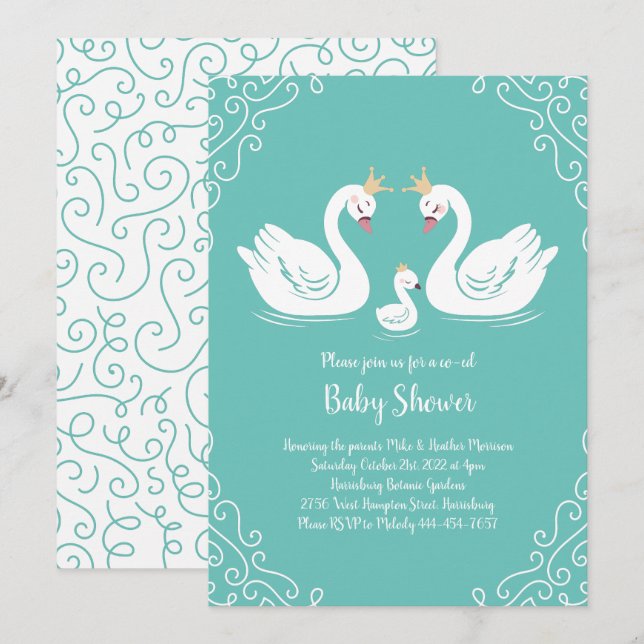 Svanar Baby Shower Bird med Krona Co-Ed Teal Inbjudningar (Fram/baksida)