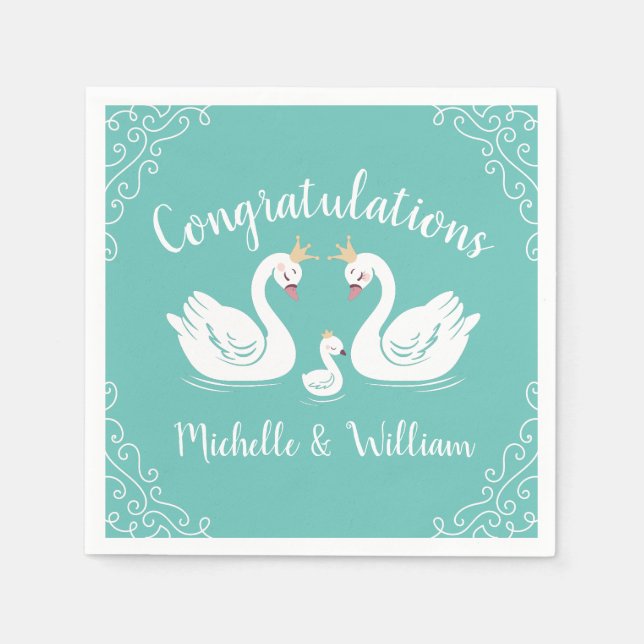 Svanar Baby Shower Bird med Krona Co-Ed Teal Pappersservett (Framsidan)