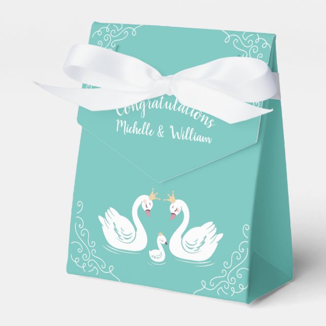 Svanar Baby Shower Bird med Krona Co-Ed Teal Presentaskar (Framsidan Sidan)