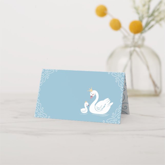 Svanar Baby Shower Bird med Krona Theme Blue Placeringskort (Framsida)