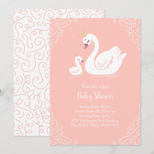 Svanar Baby Shower Bird med Krona Theme Peach Inbjudningar (Fram/baksida)