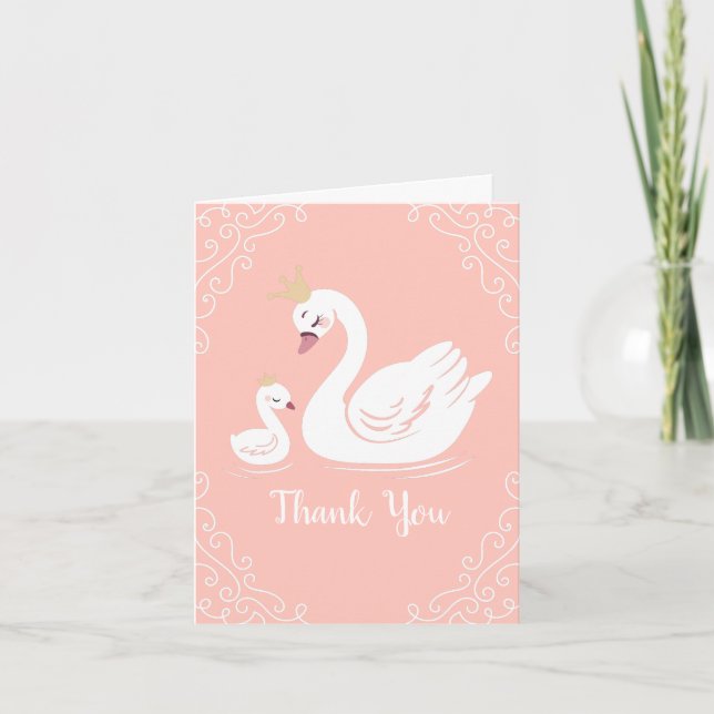 Svanar Baby Shower Bird med Krona Theme Peach Tack Kort (Framsida)