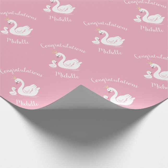 Svanar Baby Shower Bird med Krona Theme Rosa Presentpapper (Hörn)