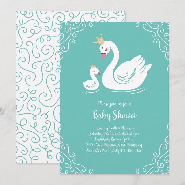 Svanar Baby Shower Bird med Krona Theme Teal Inbjudningar (Fram/baksida)