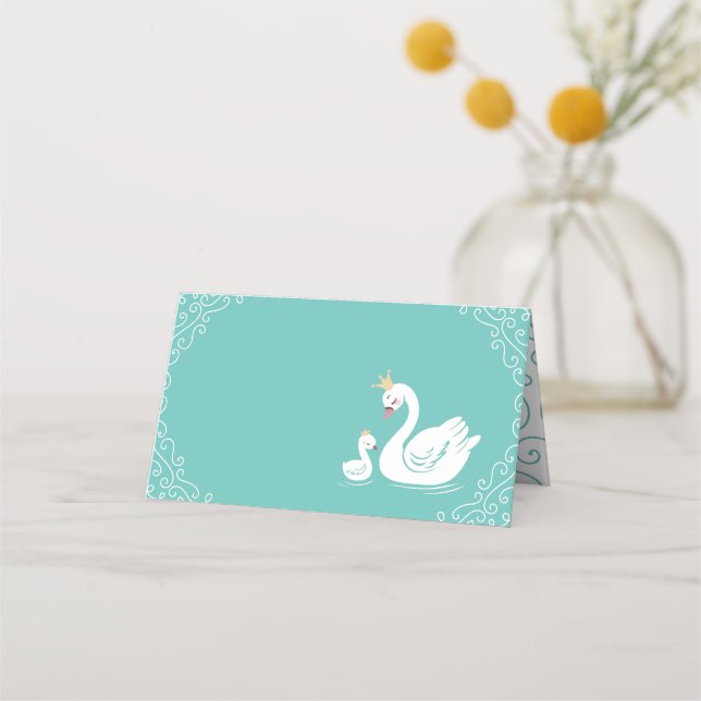 Svanar Baby Shower Bird med Krona Theme Teal Placeringskort (Framsida)