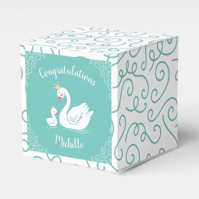 Svanar Baby Shower Bird med Krona Theme Teal Presentaskar (Framsidan Sidan)