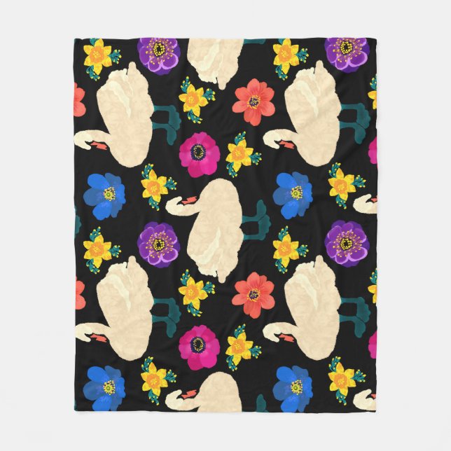 Svanar, blommor, handdragen svart bakgrund. fleecefilt (Framsidan)