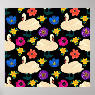 Svanar, blommor, handdragen svart bakgrund. poster