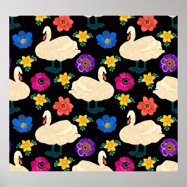 Svanar, blommor, handdragen svart bakgrund. poster (Framsidan)
