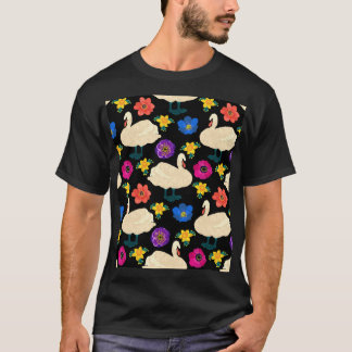 Svanar, blommor, handdragen svart bakgrund. t shirt