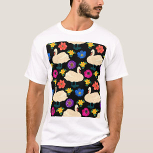Svanar, blommor, handdragen svart bakgrund. t shirt