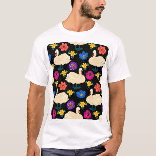 Svanar, blommor, handdragen svart bakgrund. t shirt