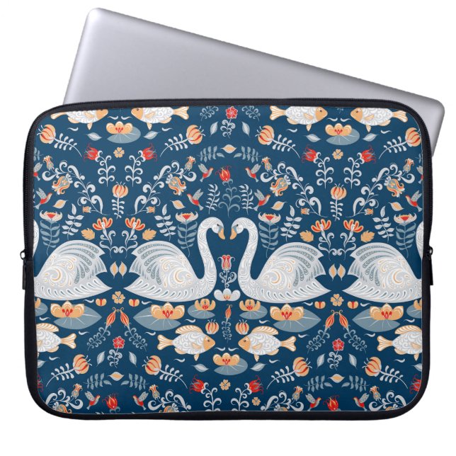 Svanar, fisk, blommor, folk mönster. laptop fodral (Framsidan)