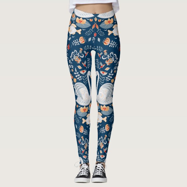 Svanar, fisk, blommor, folk mönster. leggings (Framsida)