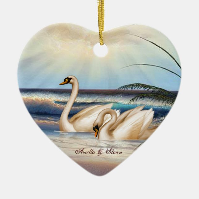 Svanar kopplar ihop - kärlek - den hjärtformade julgransprydnad keramik (Framsidan)