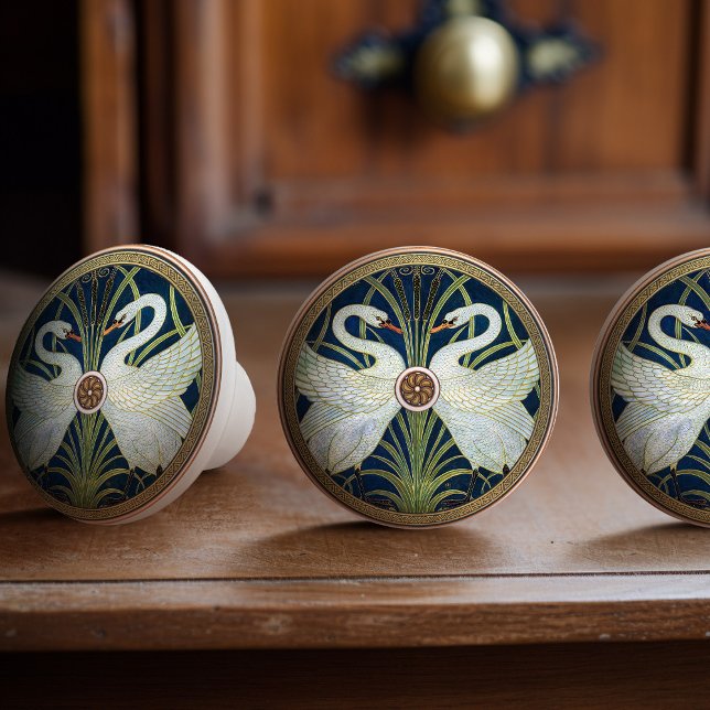 Svanar Walter Crane Guld Blue Art nouveau Knopp (Skapare uppladdad)