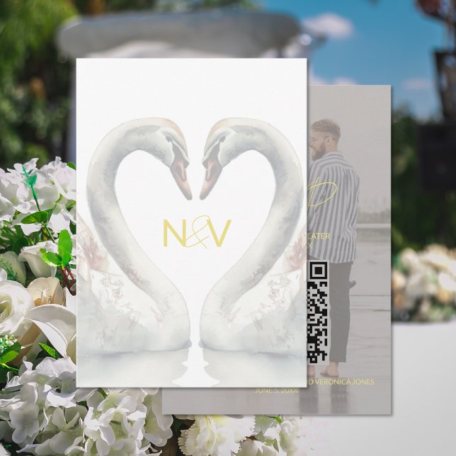 Svanbröllop Svar QR-kodkort Tilläggskort (Swan Wedding RSVP QR Code Card (front and back))