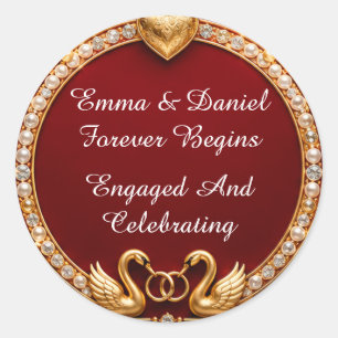 💍 Svane Röd Guld Bröllopstema 🌹 Runt Klistermärke