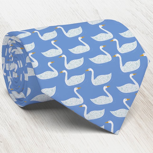 Svanfågelmönster Blått Slips (Swan pattern neck tie for wildlife, nature and bird lovers)