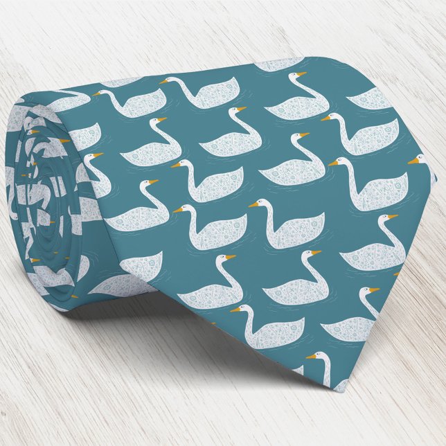 Svanfågelmönster Tealgrön Slips (Swan bird pattern neck tie for nature, wildlife and bird lovers)