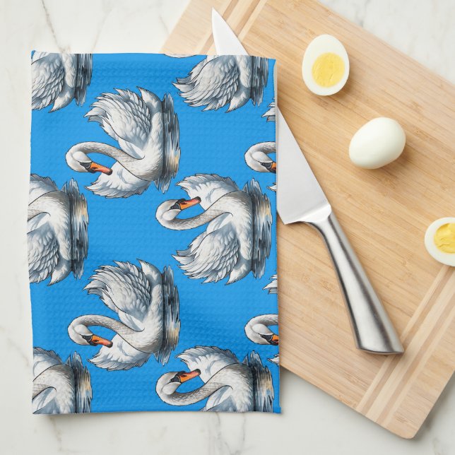 Svanfåglar Mönsterdesign på blå  Kökshandduk (Vikt i Fjärdedel)