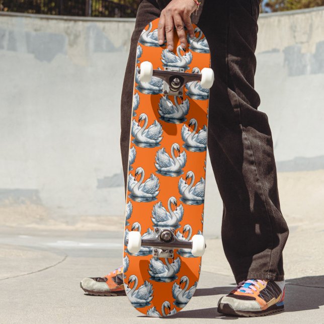 Svanfåglar Mönsterdesign på orange  Mini Skateboard Bräda 18,5 Cm (Skapare uppladdad)