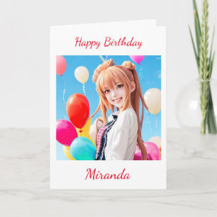 Sväng Anime Girl med Balloons Birthday Kort