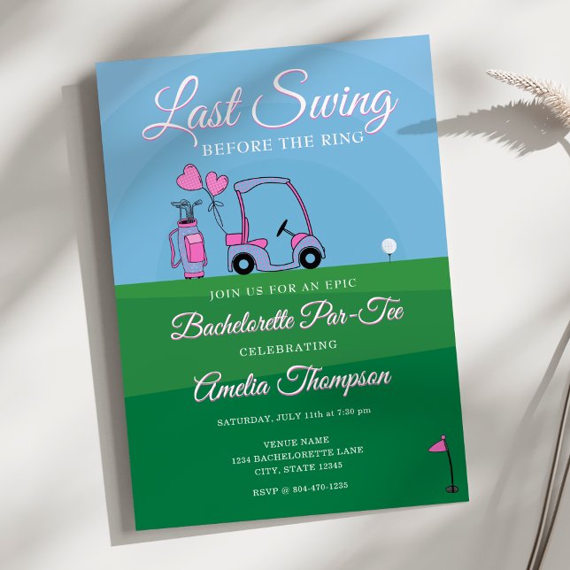 Sväng senast före Ring! Golf Bachelorette Inbjudningar (Last Swing Before the Ring! Pink and Green Golf-Themed Bachelorette Party Invitation)