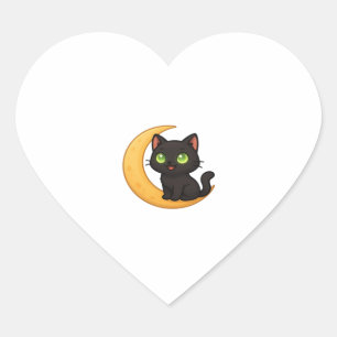 Sväng svart katt med glättande Grönt Ögon Sitta Hjärtformat Klistermärke