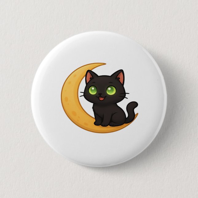 Sväng svart katt med glättande Grönt Ögon Sitta Knapp (Framsida)