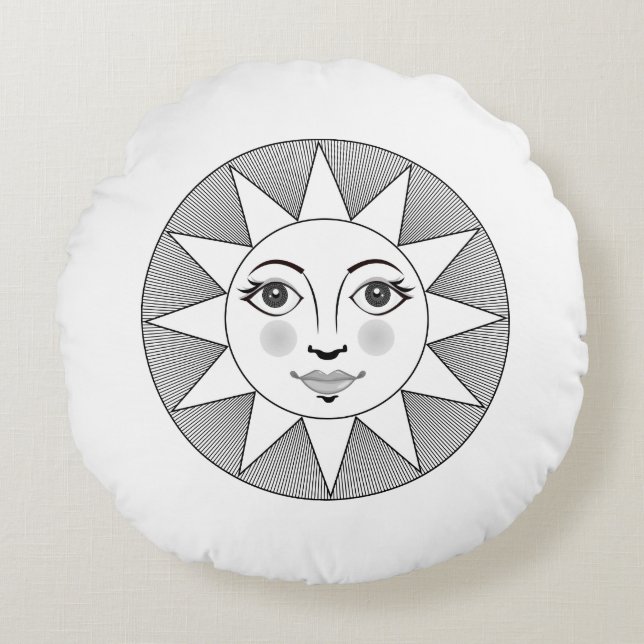 Sväng svart och vit astronomisk symbol Sol Ansikte Rund Kudde (Framsidan)