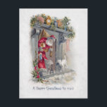 Sväng Vintage Santa i Hjorden med Presenter Vykort<br><div class="desc">Festiv leende av gamla jultomtgåvor som kommer från stora,  högproppade stenhjärtan med bojor hängande medan vita kattunge ser på med nyfikenhet. Baksidan har kompletterande grafik och redigerbar fält.</div>