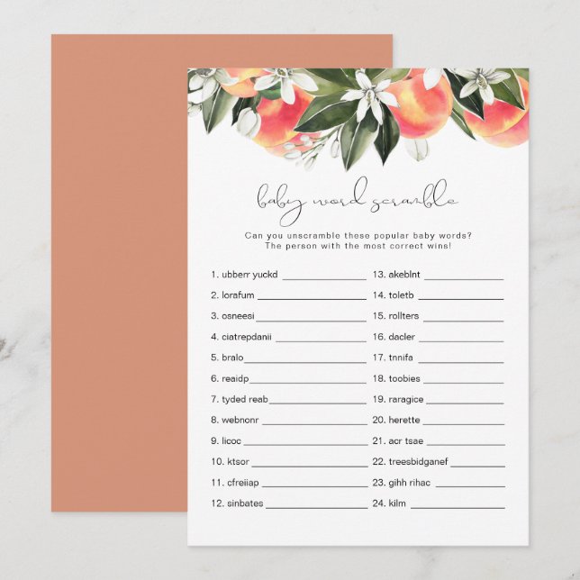 SVANNAH Peach Baby Ord Scramble Baby Shower Game Inbjudningar (Fram/baksida)