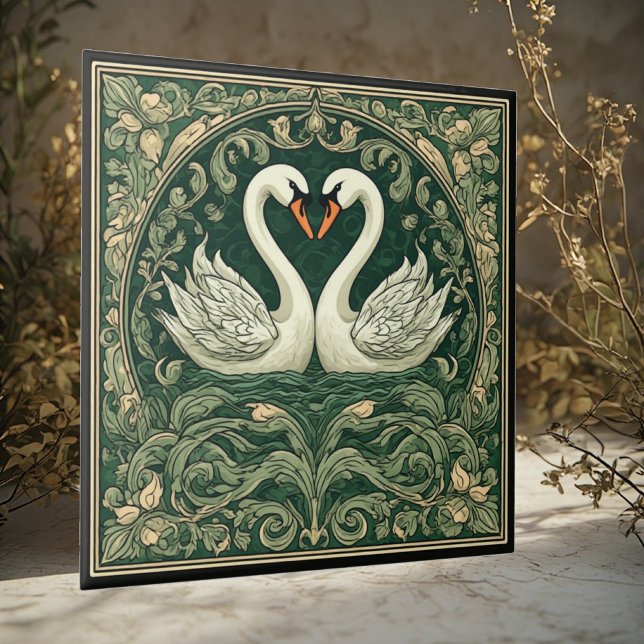 Svanpar Art Nouveau Dekorativ Väggaccent Kakelplatta (Skapare uppladdad)