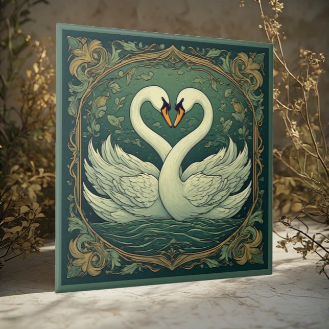 Svanpar Art Nouveau skoggrön väggaccent Kakelplatta (Swan Couple Art Nouveau Forest Green Wall Accent Ceramic Tile)