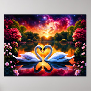 Svanpar Valentines hjärta under en stjärnig nebulo Poster