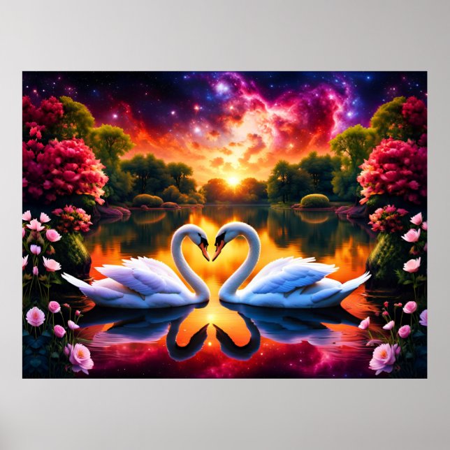 Svanpar Valentines hjärta under en stjärnig nebulo Poster (Framsidan)