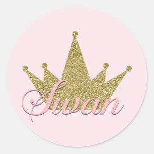 Svanprinsessa Guld Glitter Krona Födelsedagsfest Runt Klistermärke