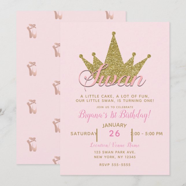 Svanprinsessan Rosa & Guld Glitter Kron Födelsedag Inbjudningar (Fram/baksida)