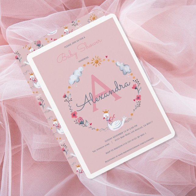 Svanrosa baby shower inbjudningar (Swan pink baby shower invitation)