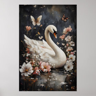 Svantryck i blommig stämning, Svanporträtt väggtry Poster