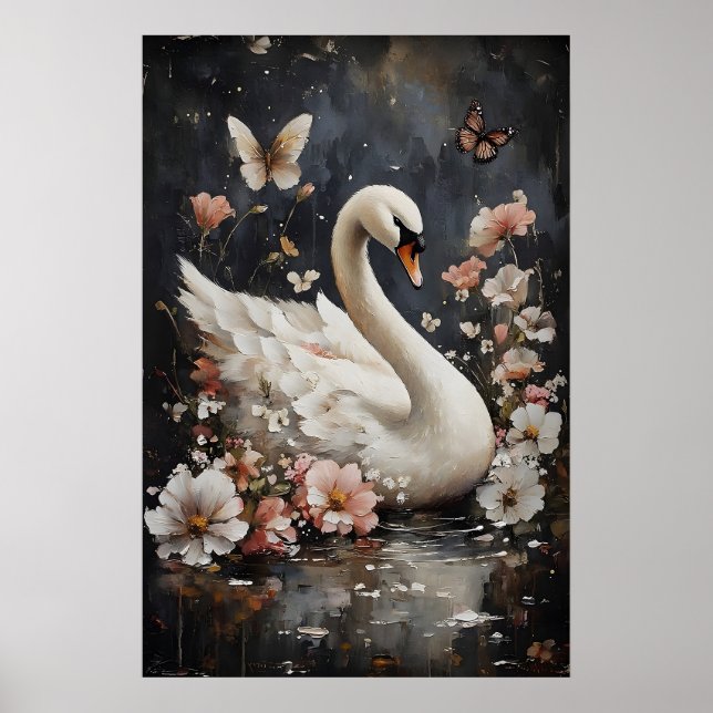 Svantryck i blommig stämning, Svanporträtt väggtry Poster (Framsidan)