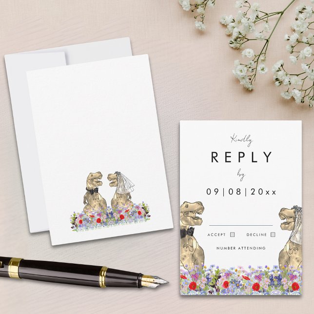 Svar från Boho Wildblomdosaur Theme Bröllop (Modern wildflower dinosaur wedding invitation rsvp enclosure card)