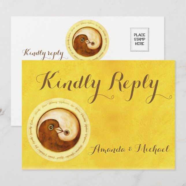 SVAR OM VÄNLIGH HÄLSNING Bröllopskort Guld YinYang Inbjudningar (Fram/baksida)