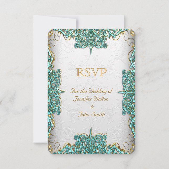 Svar på bröllop RSVP Ornate Vit Teal Blå Inbjudningar (Framsida)