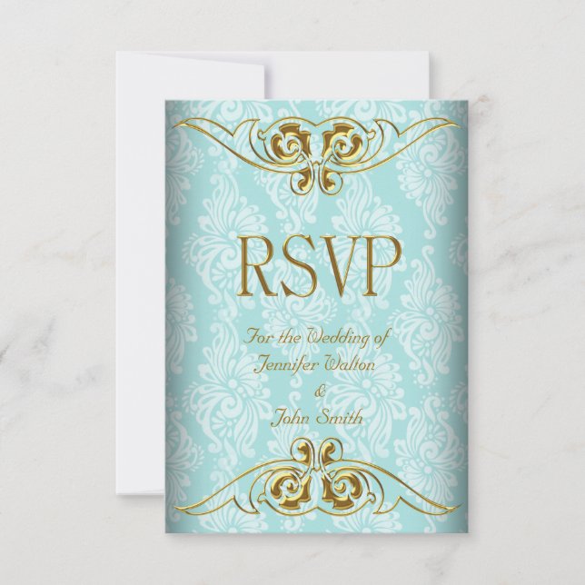 Svar på bröllop RSVP Tealblå Guld Damask (Framsida)